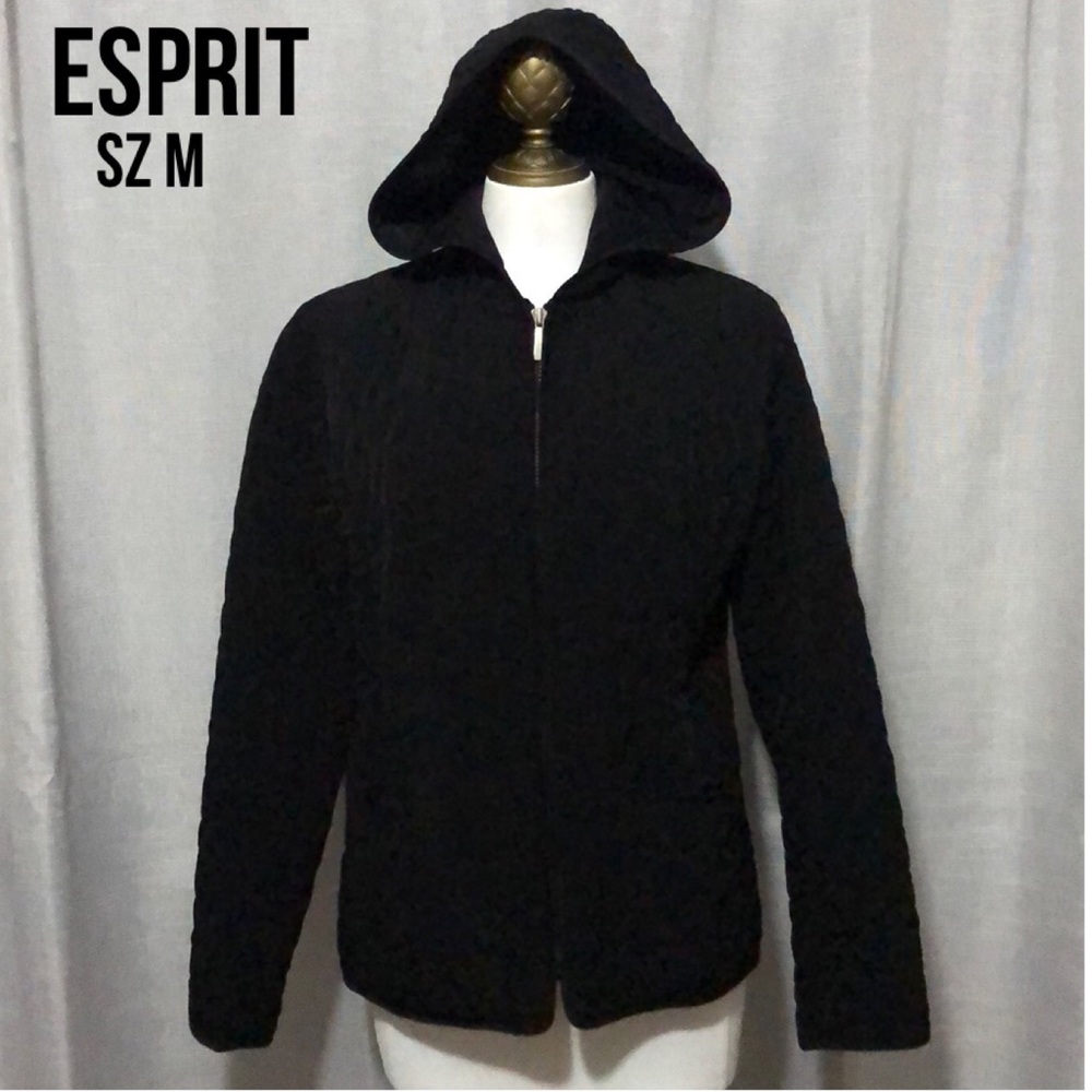 Esprit Quilted Jacket-Hooded-Sz M-Black-ZipUp Front-Lightweight